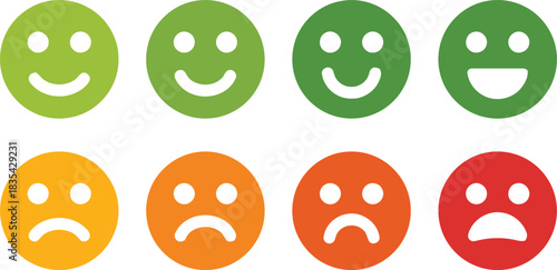 emoticon, emoji, face, smile, sad, happy, neutral, expression, emotion, icon, symbol, graphic, design, illustration, isolated, white background, green, yellow, orange, red, feedback, survey, rating, s