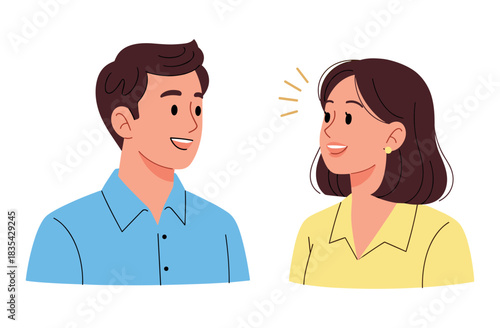 Smiling young caucasian male and female in conversation