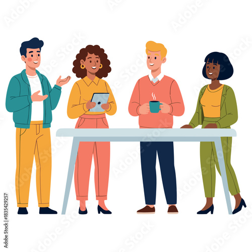 Diverse group of young adults having a meeting around a table