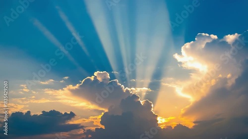 Stunning dynamic sun rays burst through dramatic clouds against deep blue sky creating an epic atmospheric motion sequence