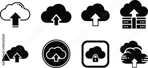 Collection of cloud computing icons representing upload and data storage