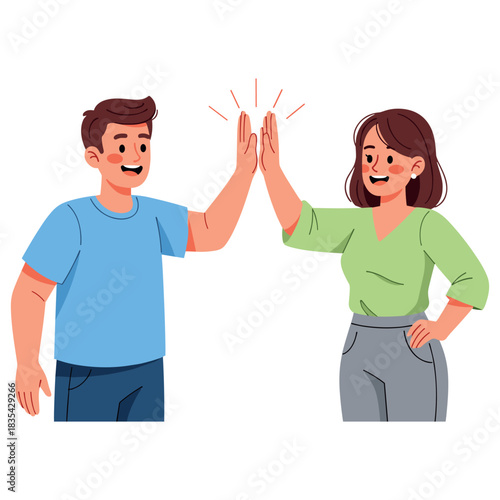 Cheerful caucasian adult male and female high-fiving in unity