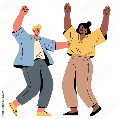 Joyful young caucasian male and african female celebrating together