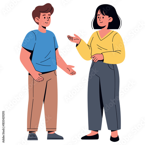 Cartoon illustration of young male and female engaged in friendly conversation