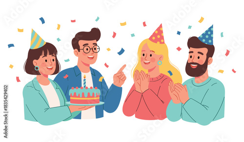 Group celebration with birthday cake and confetti