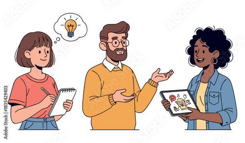 Young caucasian and african adults brainstorming and sharing ideas with notebook and tablet