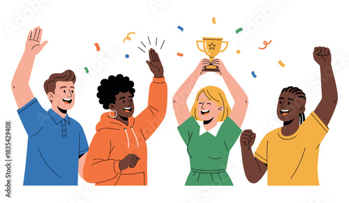 Diverse group celebrating victory with trophy and confetti