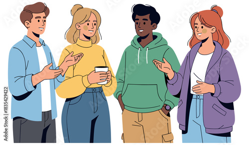 Diverse young adults engaging in casual conversation and smiling