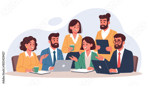 Diverse group of adults engaged in collaborative office meeting with laptops and tablets