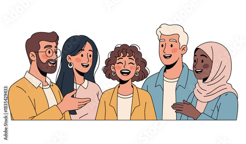 Diverse young adults smiling and engaging in animated conversation