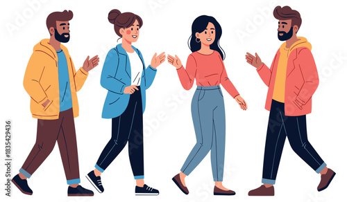 Group of diverse young adults walking and conversing casually