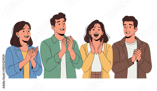 Animated group of young caucasian adults clapping with joyful expressions