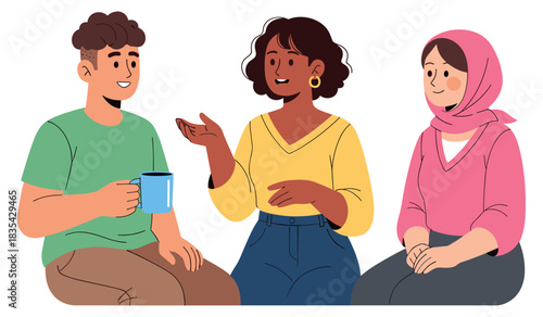 Young diverse friends conversing: asian female, hispanic male, african female