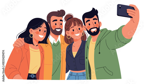 Group of young adults taking a selfie: diverse friends smiling together