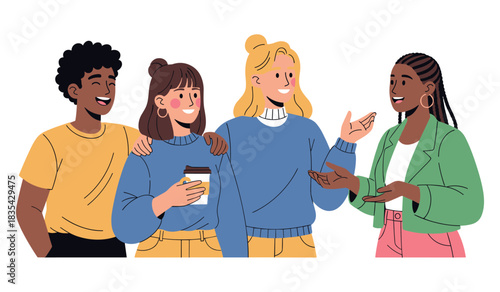 Diverse group of young adults engaged in friendly conversation