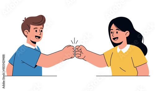 Young caucasian male and hispanic female fist bump friendship cartoon