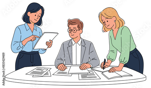 Team collaboration with two female adults and one male adult at work desk