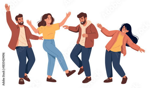 Group of diverse young adults dancing together with joy and enthusiasm
