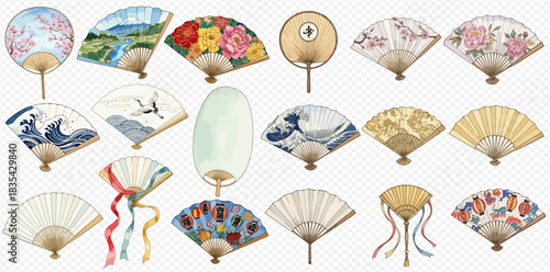 A collection of traditional Japanese and Chinese hand fans with various artistic designs including flowers, landscapes, cranes, and waves.