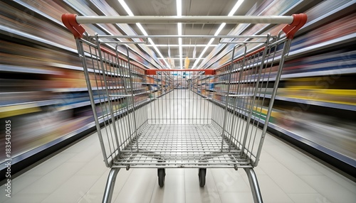 Shopping cart moving quickly through a supermarket aisle