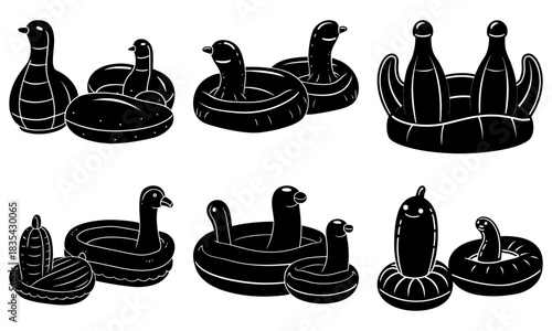 Collection of inflatable pool floats in various shapes and sizes black and white line art style