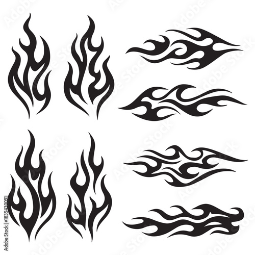 Flame silhouettes in classic 90s style, motorcycle and hot rod car style vector