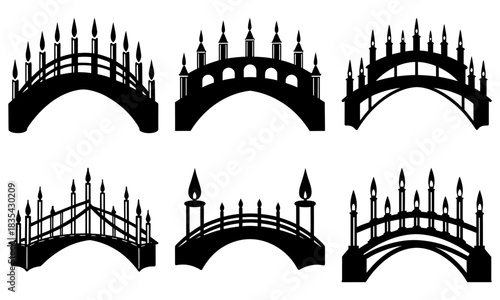 Collection of ornate bridge silhouettes featuring decorative elements and candle like structures on top sections