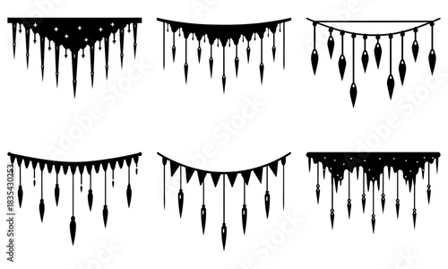 Collection of six decorative hanging banner designs with tassels in black silhouette style isolated art