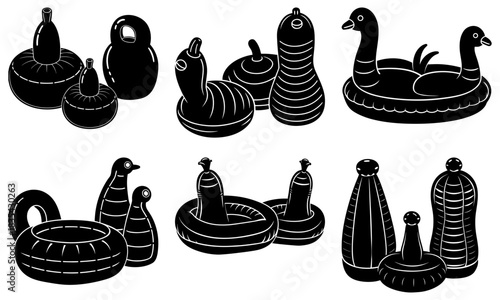 Collection of various inflatable pool floats including swans and abstract shapes in black and white style