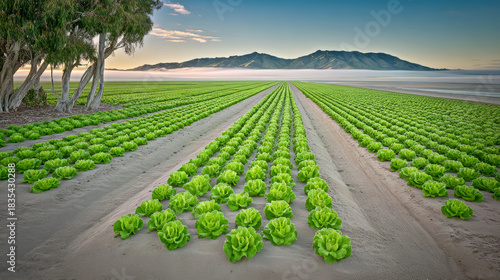 Rows of vibrant lettuce and kale on organic farm with dew-covered leaves. Morning fog spreads at the foot of high mountain peaks in the distance.