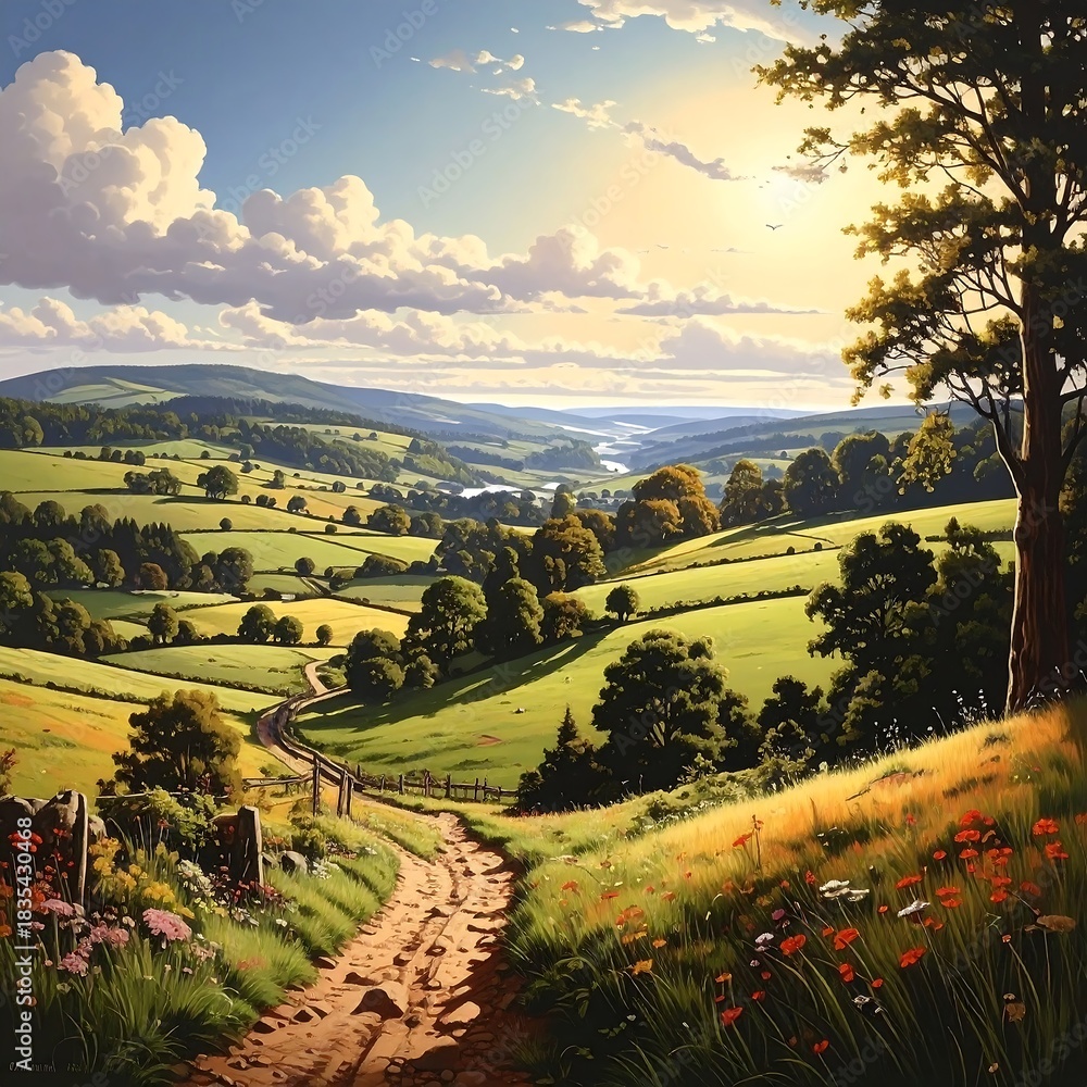 Naklejka premium Scenic country road through lush fields