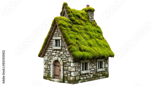 a small stone house with moss growing on the roof cutout, isolated on white or transparent background. PNG
