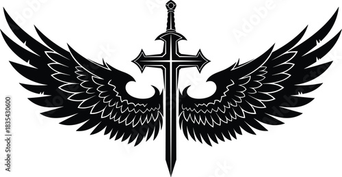 Sword with angel wings silhouette, fantasy emblem design for mythology, warrior symbols, tattoo art, heroic themes, decorative vector illustration