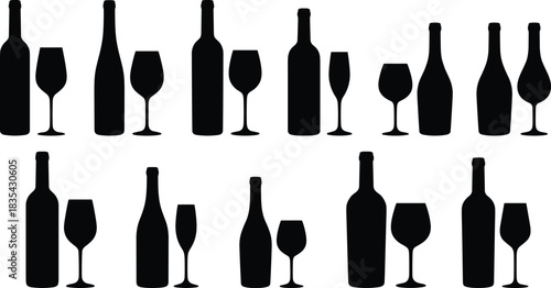 Wine bottle and glass silhouette pattern, black dining icons, bar decor design, beverage shapes, isolated on white background