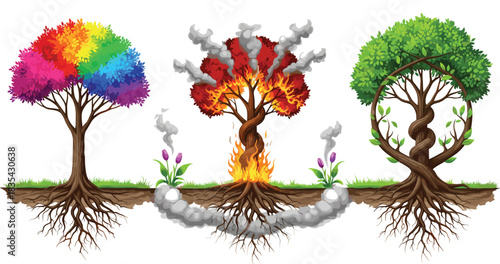 Symbolic tree illustration, diversity tree, burning tree, renewal tree, nature concept, environmental change, transformation, growth, roots, colorful, fire, green