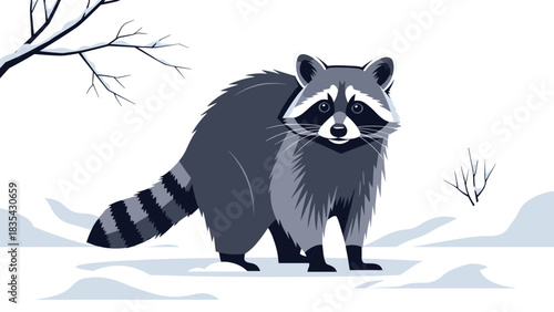 Raccoon standing in the snow beside barren trees in winter  