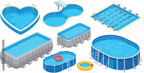 Swimming pool illustrations collection, various pool shapes and designs, inflatable and above-ground pools, summer water elements, outdoor swimming graphics
