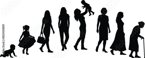Woman life stages, silhouette, baby, child, teen, adult, mother, aging, elderly, cane, growth, timeline, development, posture, behavior, female, evolution, age, journey, identity