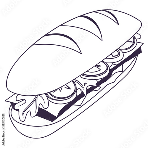 Delicious submarine sandwich outline illustration