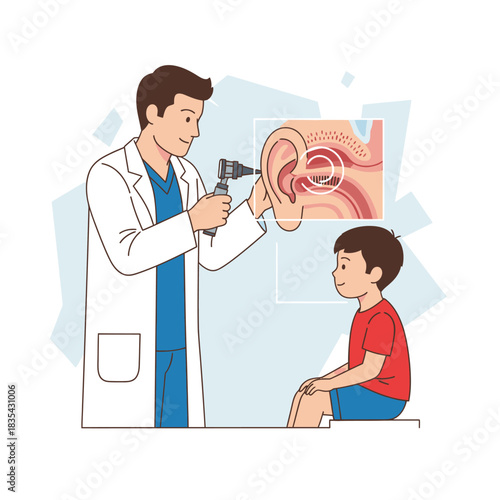A friendly doctor uses an otoscope to examine a young boy's ear, with a diagram of the inner ear illustrating a potential issue or infection.