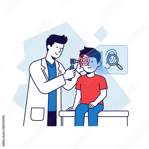 A pediatrician examines a young boy's ear with an otoscope, highlighting the importance of regular checkups for children's health and wellness.