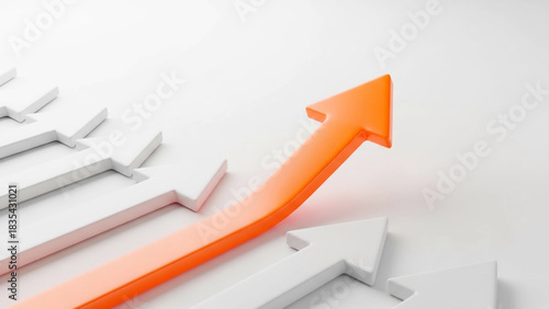 Orange arrow increasing among gray arrows on white background