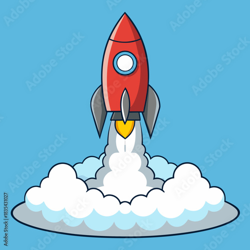 Red rocket launching with smoke and clouds