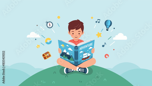 Boy immersed in a captivating book, surrounded by imaginative elements.