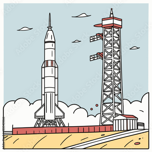 Rocket launch pad with tower and rocket ready for liftoff