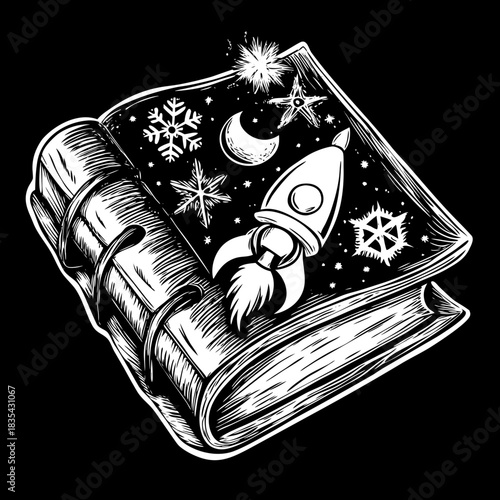 Rocket launching from open book into a starry winter sky