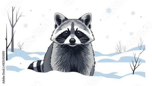 Raccoon sitting in snow with winter trees and falling snowflakes  