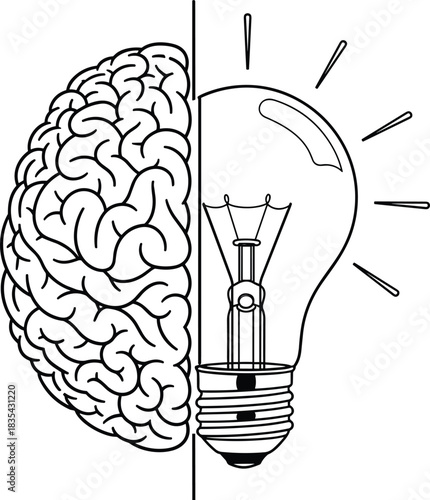 Black and white line art illustration of a brain hemisphere and a glowing light bulb, representing creativity, idea generation, intelligence, science, problem-solving, thought process, and innovation.