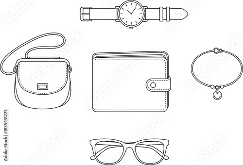Handbag watch wallet bracelet glasses accessories fashion style outline