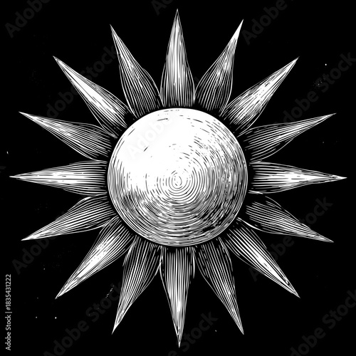 Vintage engraved sun illustration with sharp rays